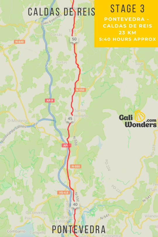 The Camino de Santiago from Vigo, Stages and Maps 5 Map from Pontevedra to Caldas de Reis on the Portuguese Coastal Way